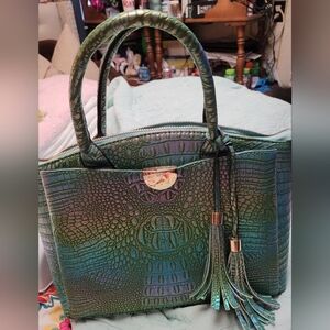 Iridescent Green Croc-Embossed Satchel with Tassel